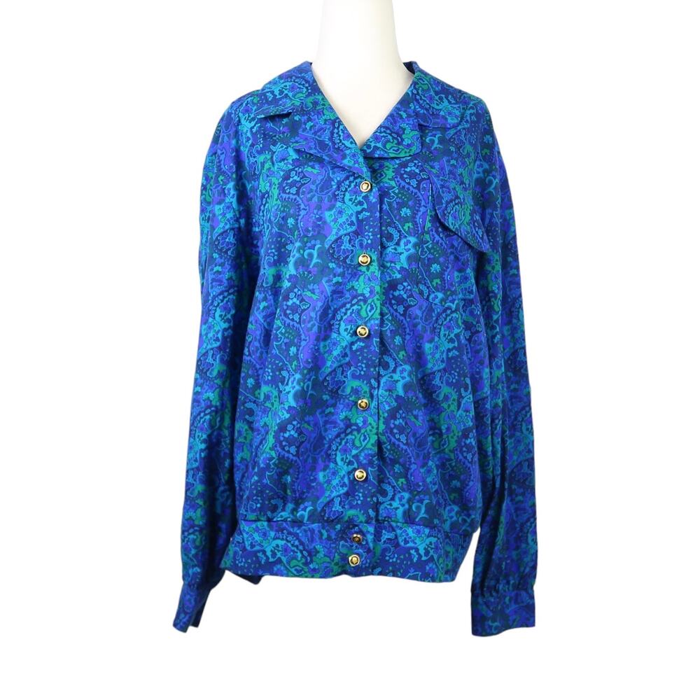Vintage 80s Shrader cobalt blue and turquoise paisley print blouse 16